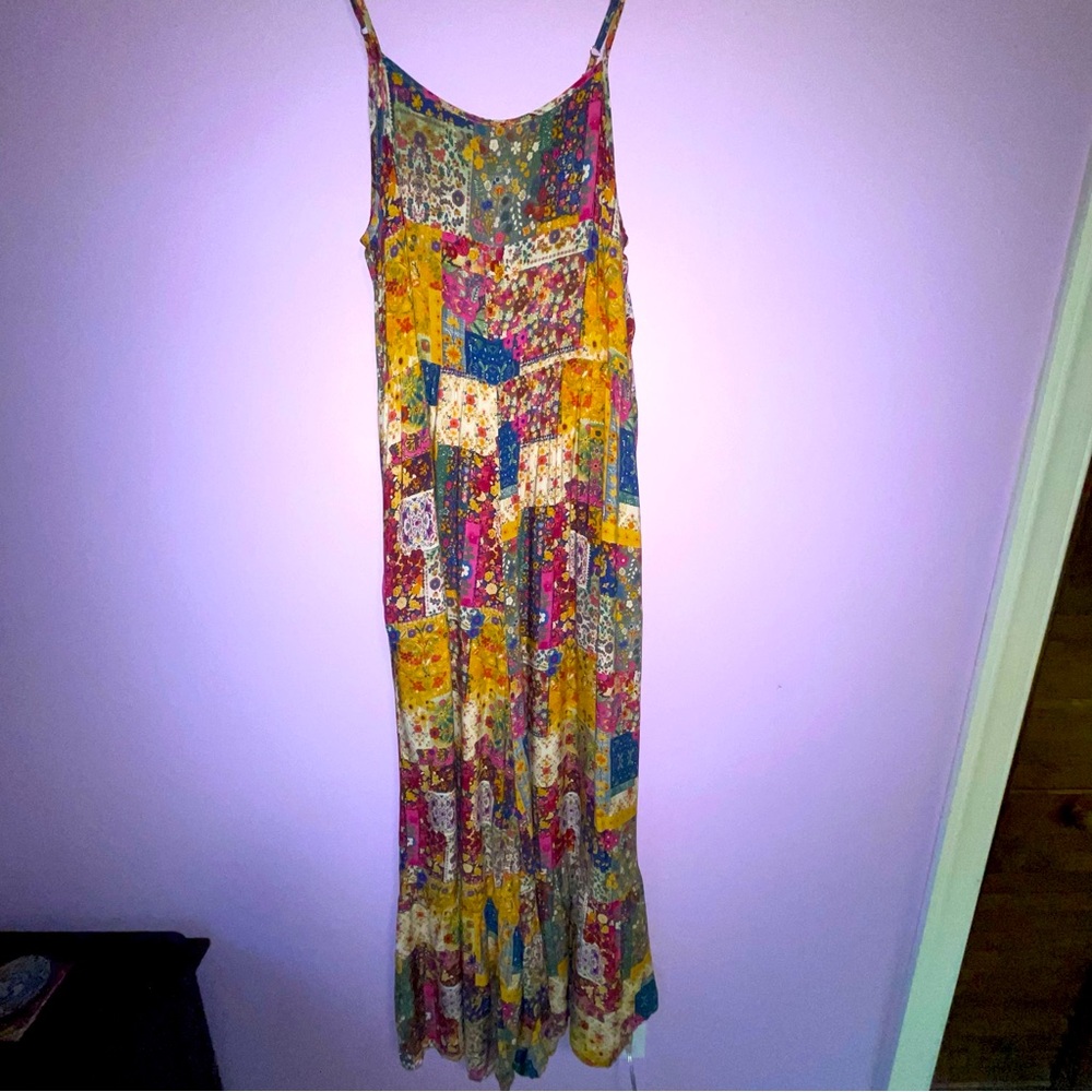 Natural Life Wide Leg Jumpsuit Oversized M Gaucho Ruffle Boho Patchwork